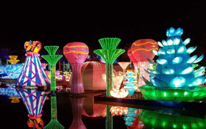 Colorful illuminated sculptures at Dubai Garden Glow at night, highlighting the latest Dubai Garden Glow ticket price, entry tickets, and updated park timings.