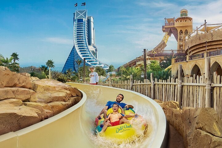 A thrilling water slide at Wild Wadi Waterpark in Dubai, showcasing fun attractions, Wild Wadi tickets offers, birthday deals, and entrance fee options.