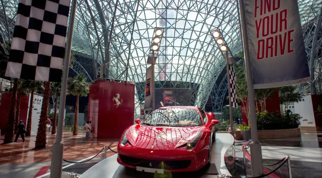 Iconic red Ferrari car display inside Ferrari Theme Park Abu Dhabi.