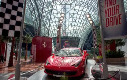 Iconic red Ferrari car display inside Ferrari Theme Park Abu Dhabi.