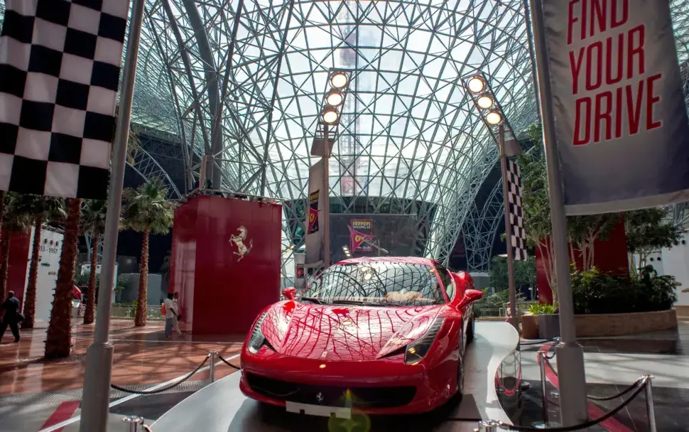 Iconic red Ferrari car display inside Ferrari Theme Park Abu Dhabi.