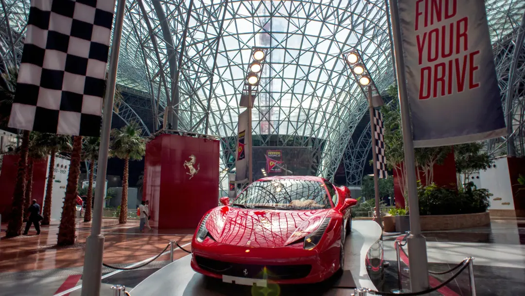 Iconic red Ferrari car display inside Ferrari Theme Park Abu Dhabi.