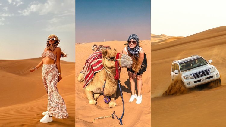 A stunning sunrise over the golden dunes during a Morning Desert Safari in Dubai, featuring a 4x4 vehicle, camel rides, and tourists enjoying the Dubai Morning Desert Safari experience.