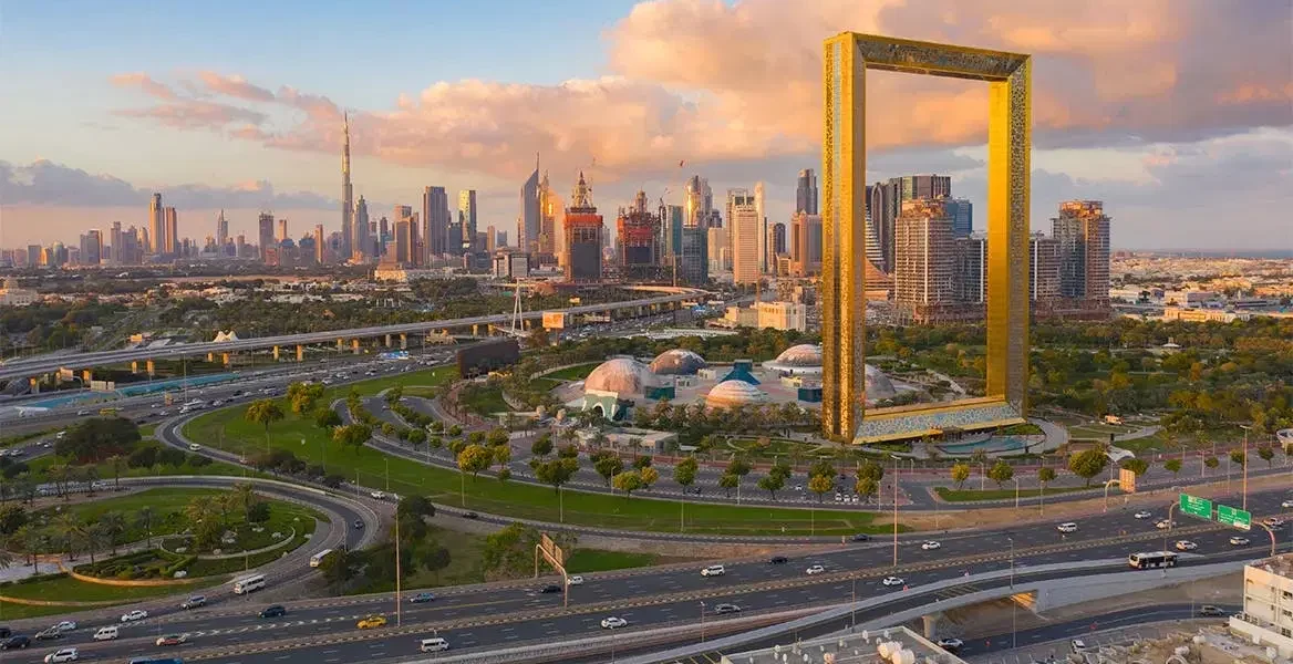 Visitors exploring the breathtaking Dubai Frame inside, enjoying skyline views with their Dubai Frame tickets, capturing the beauty of the iconic Dubai Frame.