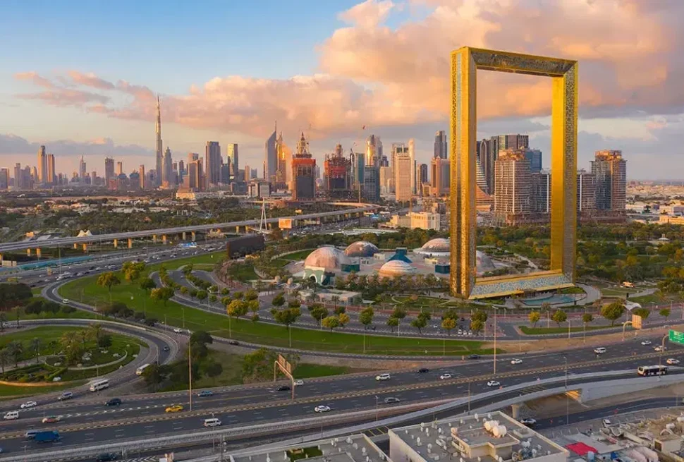 Visitors exploring the breathtaking Dubai Frame inside, enjoying skyline views with their Dubai Frame tickets, capturing the beauty of the iconic Dubai Frame.