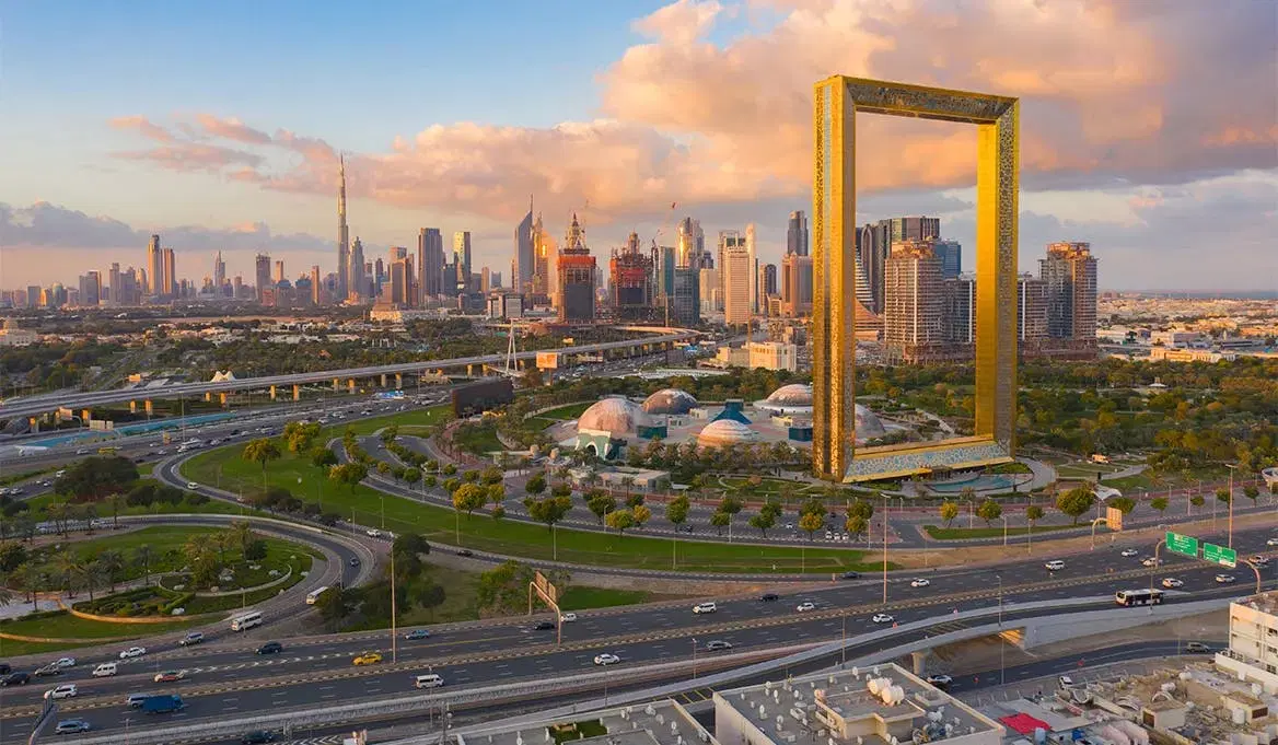 Visitors exploring the breathtaking Dubai Frame inside, enjoying skyline views with their Dubai Frame tickets, capturing the beauty of the iconic Dubai Frame.