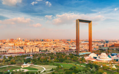 Stunning view of the Dubai Frame during daytime, showcasing its architectural beauty with visitors checking Dubai Frame ticket price and timings.