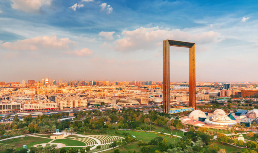Dubai Frame – March 2025 Views You’ll Want to Capture › Forever Tourism LLC Stunning view of the Dubai Frame during daytime, showcasing its architectural beauty with visitors checking Dubai Frame ticket price and timings.