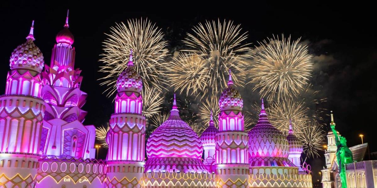 Crowds enjoying vibrant pavilions and shows at Global Village, highlighting ticket offers, event dates, and the approaching end date of the season.