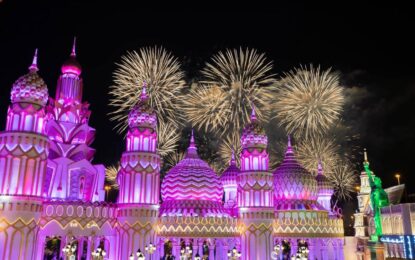 Crowds enjoying vibrant pavilions and shows at Global Village, highlighting ticket offers, event dates, and the approaching end date of the season.