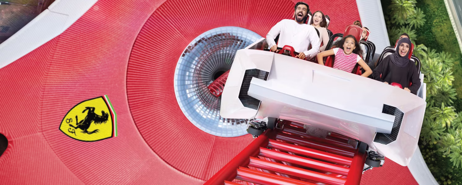 Ferrari World theme park with a view of the Sheikh Zayed Grand Mosque during a City Tour Abu Dhabi.