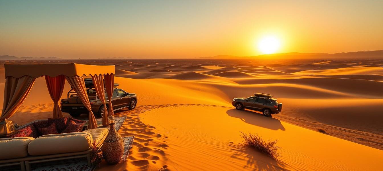 Evening Desert Safari Dubai – Unseen Night Magic! › Forever Tourism LLC A breathtaking view of an Evening Desert Safari Dubai with sand dunes, a camel ride, and the warm glow of the sunset in the desert.