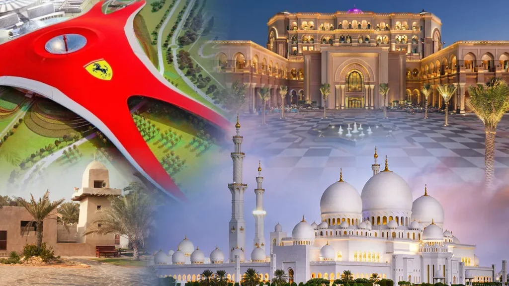 City Tour Abu Dhabi – What Most Tourists Miss! › Forever Tourism LLC View of Sheikh Zayed Grand Mosque and Ferrari World during a city tour Abu Dhabi, showcasing cultural landmarks and exciting attractions.