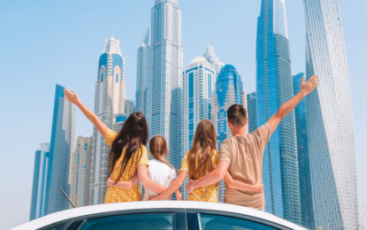 Skyline view of Dubai during a half-day Dubai city tour, featuring iconic landmarks and the towering Burj Khalifa.