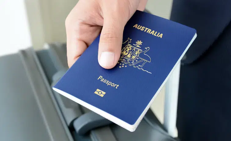 Australia Visa Processing Time – What No One Tells You › Forever Tourism LLC Illustration of passport, travel documents, and a clock symbolizing Australia visa processing time and tourist visa requirements.