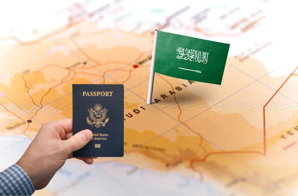 Travelers reviewing Saudi visa restrictions and requirements for tourist visa Saudi Arabia at an airport or visa center.