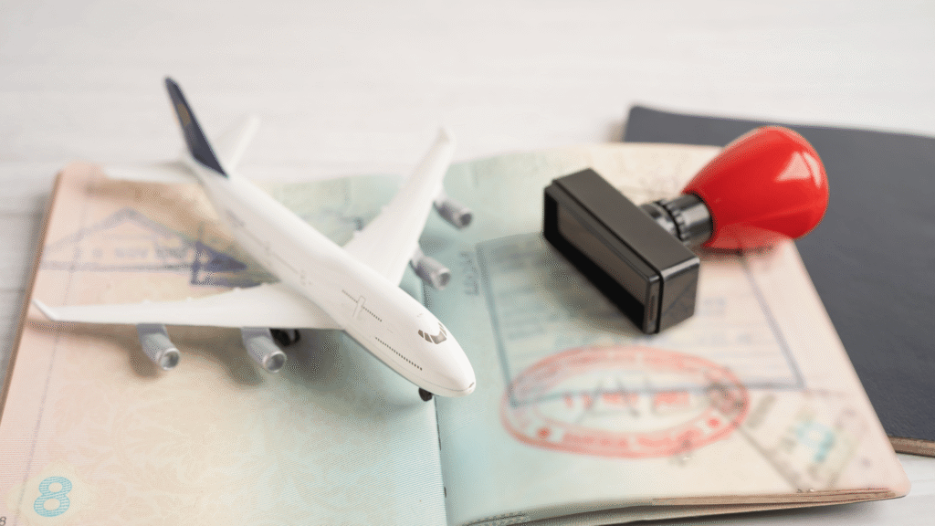 Australia Visa Processing Time – What No One Tells You › Forever Tourism LLC Illustration of passport, travel documents, and a clock symbolizing Australia visa processing time and tourist visa requirements.