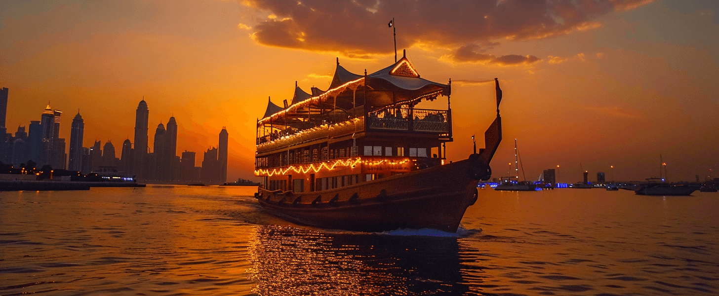 Traditional cruise ship sailing on Dubai Creek during a dhow cruise Dubai with buffet dinner.