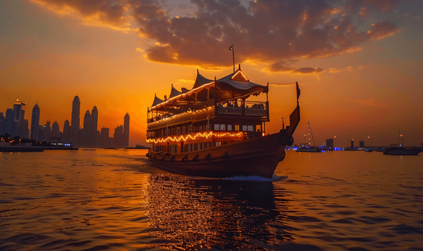 Dhow Cruise Dubai – Scenic Dinner & Marina Views › Forever Tourism LLC Traditional cruise ship sailing on Dubai Creek during a dhow cruise Dubai with buffet dinner.