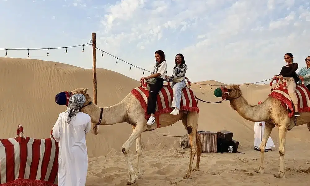 Dubai Desert Safari – Thrill You’ll Never Forget! › Forever Tourism LLC Tourists enjoying an evening Dubai Desert Safari with dune bashing and camel rides during a desert safari in Dubai as part of a Dubai desert tour.