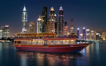 Experience an enchanting dhow cruise along Dubai Marina with a delicious dinner, live entertainment, and panoramic city views on a traditional wooden boat.