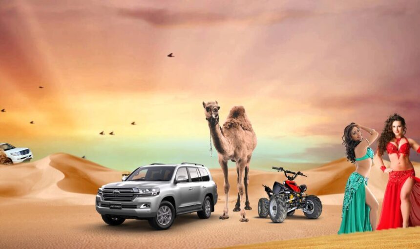 Dubai Desert Safari – Epic Thrill, Book Now! › Forever Tourism LLC Travelers enjoying a thrilling Dubai Desert Safari with dune bashing and camel rides in the vast Dubai desert during a desert safari in Dubai.