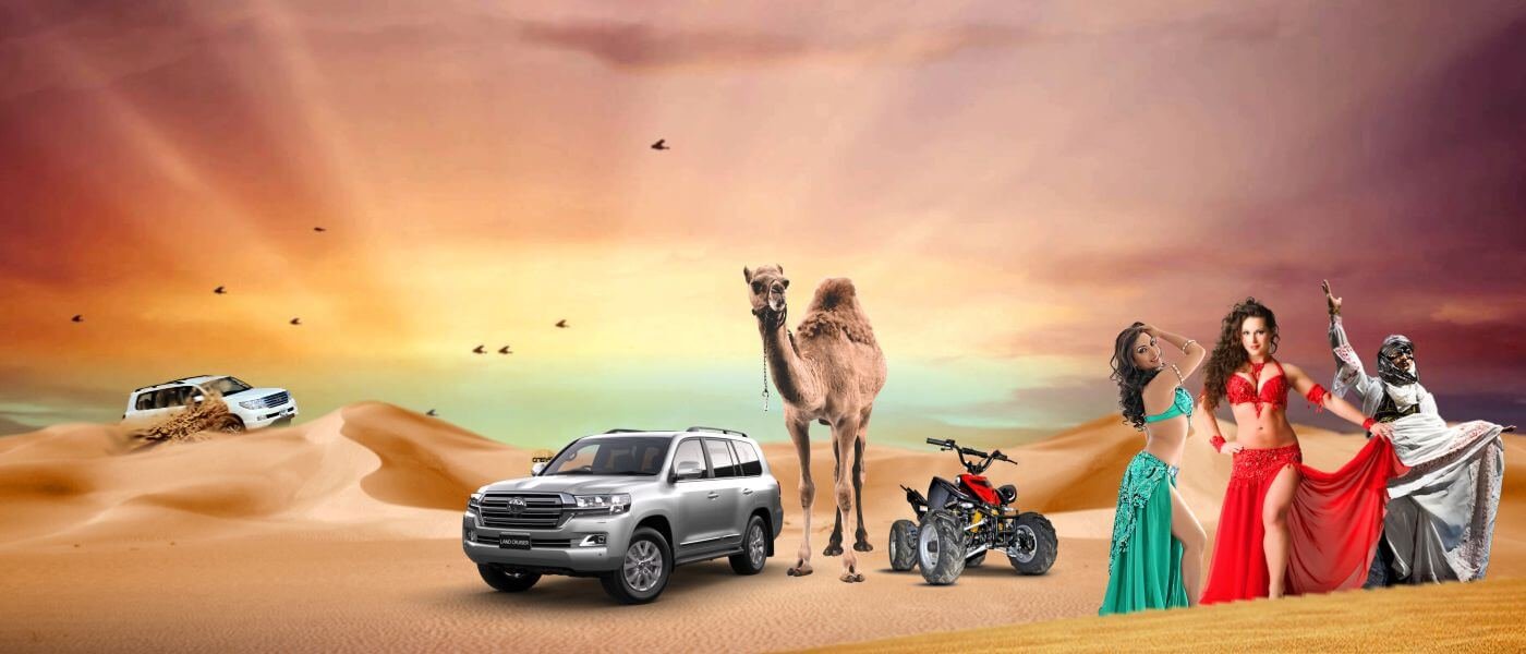Travelers enjoying a thrilling Dubai Desert Safari with dune bashing and camel rides in the vast Dubai desert during a desert safari in Dubai.
