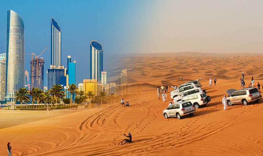 Abu Dhabi City Tour – Don’t Miss This Experience! › Forever Tourism LLC Tourist enjoying an Abu Dhabi city tour from Dubai, with views of Ferrari World Yas Island and the stunning Sheikh Zayed Grand Mosque in the background.