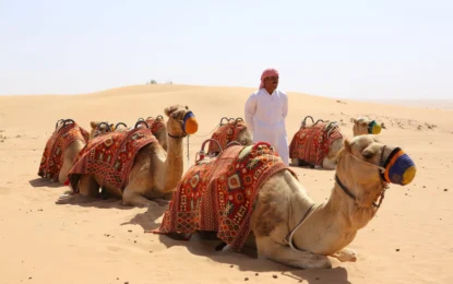 Tourists enjoying dune bashing during a Morning Desert Safari in Dubai desert landscape.