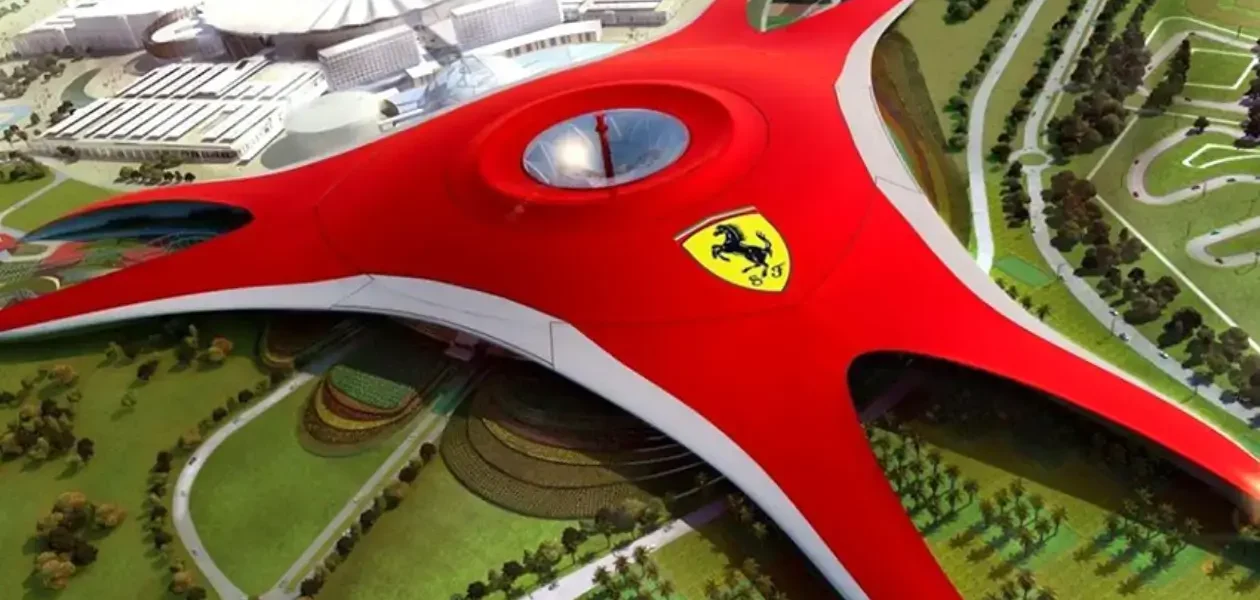 Skyline view of Abu Dhabi with landmarks and Ferrari World, showcasing highlights of the Abu Dhabi City Tour With Ferrari World.