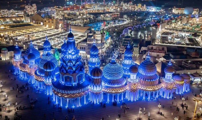 Colorful Global Village 2025 rides with crowds enjoying the attractions before the Global Village Dubai closing date 2025.