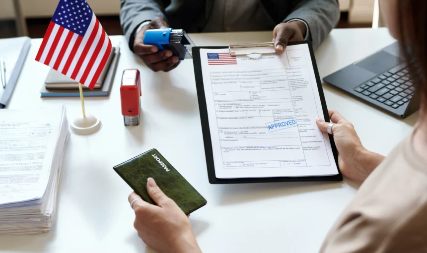 Traveler in Dubai preparing documents for USA visa from Dubai, showing the steps for US visa application and booking a US visa appointment in Dubai.