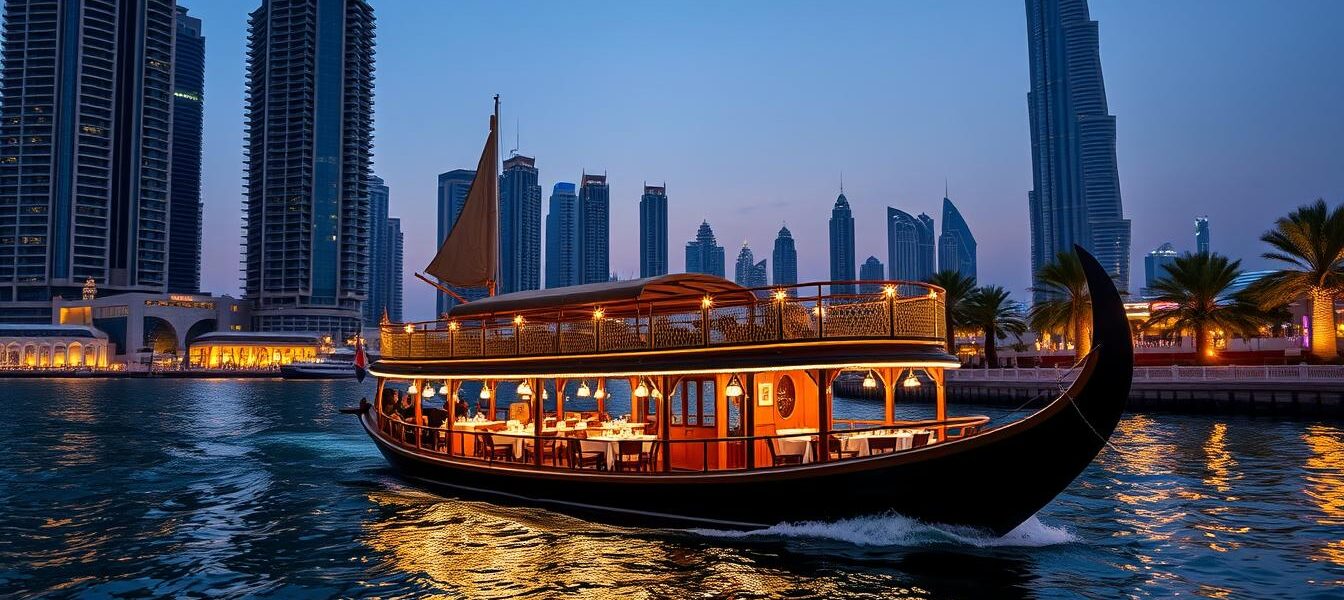 Traditional wooden boat sailing on Dubai Creek during a Dhow Cruise, offering guests scenic views, dining, and entertainment—Dubai Creek Dhow Cruise.