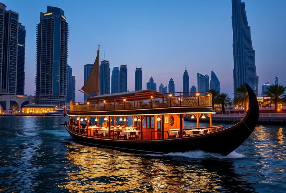 Traditional wooden boat sailing on Dubai Creek during a Dhow Cruise, offering guests scenic views, dining, and entertainment—Dubai Creek Dhow Cruise.