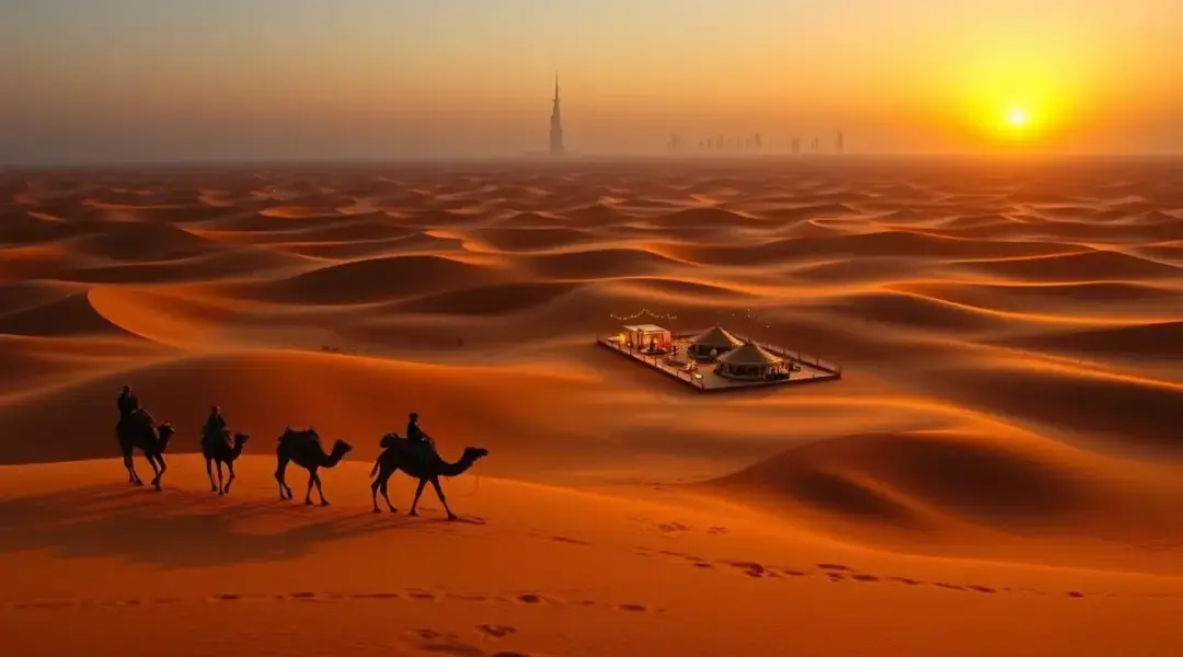 Tourists enjoying an evening desert safari in Dubai with camel rides, sand dunes, and a golden sunset in the vast desert landscape.