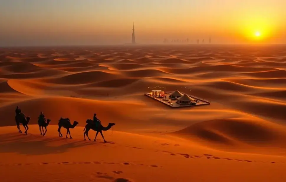 Tourists enjoying an evening desert safari in Dubai with camel rides, sand dunes, and a golden sunset in the vast desert landscape.
