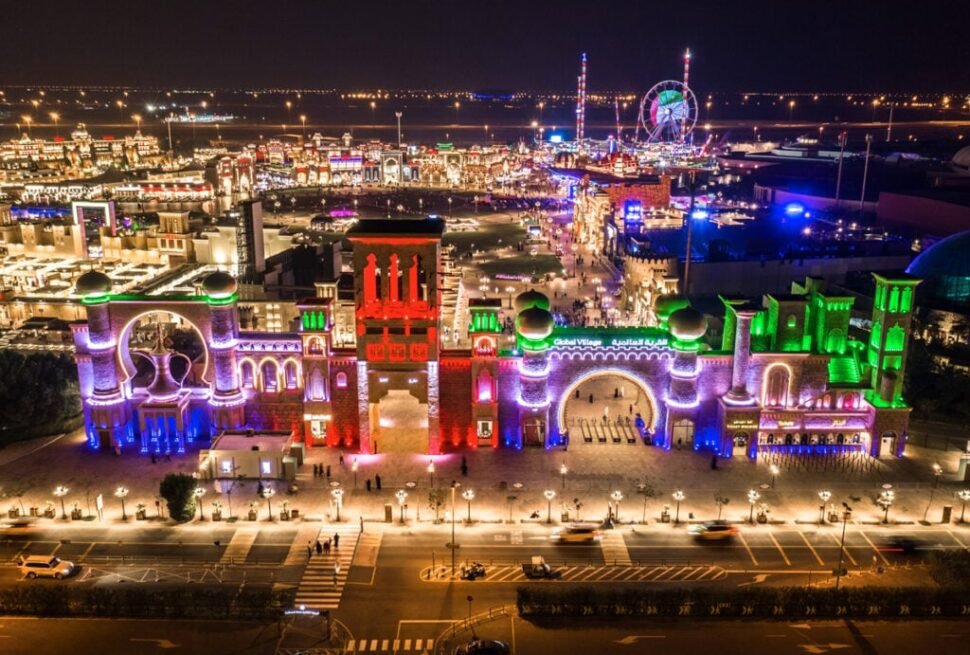 Visitors enjoying the vibrant pavilions and live entertainment at Global Village Dubai on the last day of Global Village 2025 with Global Village tickets from Forever Tourism.