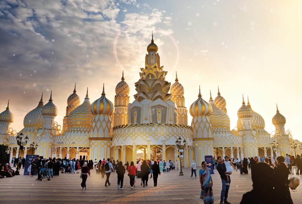 A vibrant scene from Global Village Dubai, showcasing the festivities on the Global Village Closing Day 2025, with visitors enjoying the final day of the season.