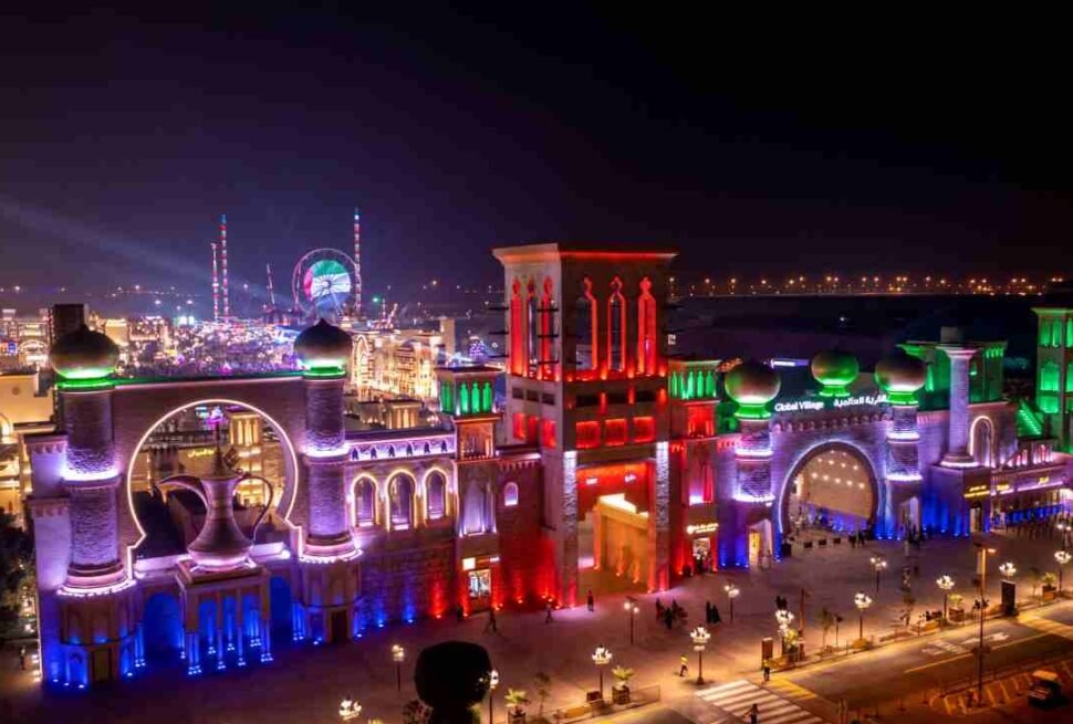 Crowds enjoying the festive atmosphere on the last day of Global Village UAE before the closing date, highlighting the Global Village Extended season.