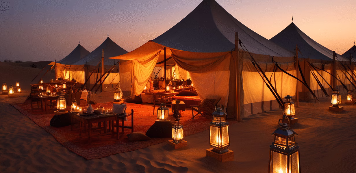 Tourists enjoying an overnight desert safari Dubai with dune bashing, camel rides, and night desert safari Dubai entertainment in the scenic Dubai desert.