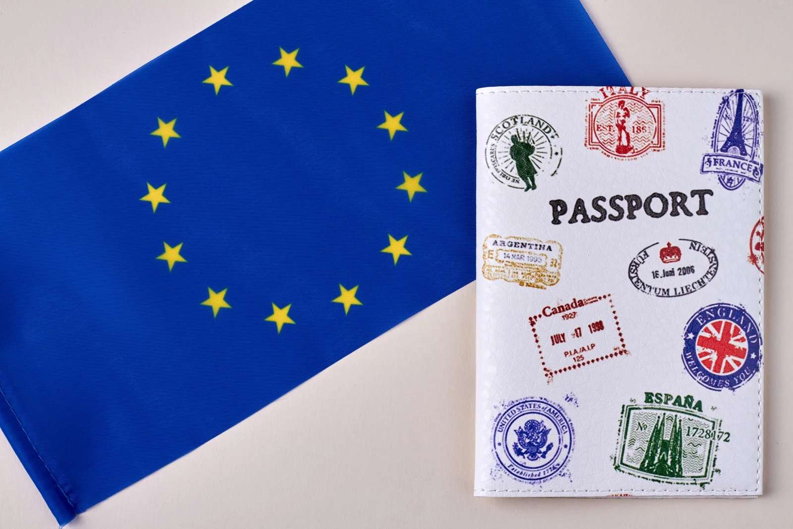 Passport with visa stamps representing Schengen visa from UAE, Schengen visa appointment, and list of Schengen countries.