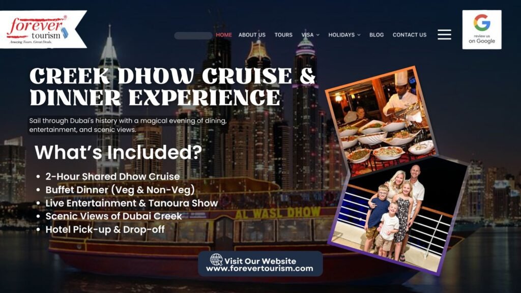 Dhow Cruise Dubai Marina: Top Offers This Week! › Forever Tourism LLC A scenic view of the Dhow Cruise Dubai Marina with dinner, showcasing the stunning skyline and luxurious ambiance of the Dubai Marina cruise dinner experience.