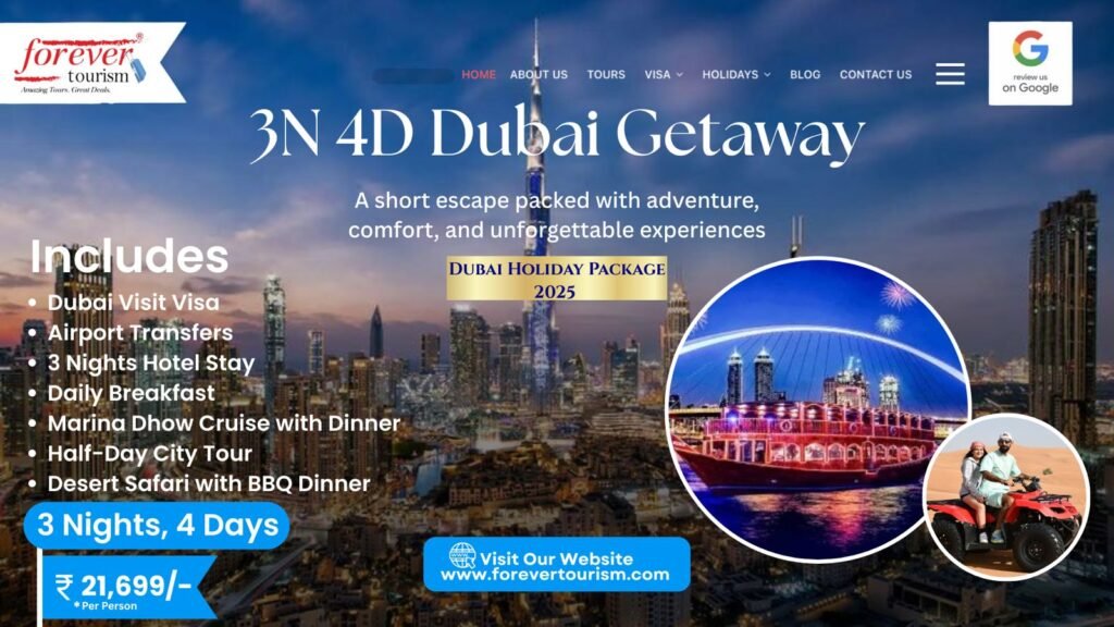Dubai Holiday Packages – 3N/4D @ ₹21,699! Believe It? › Forever Tourism LLC Family enjoying a 3 nights, 4 days Dubai holiday package featuring Dubai Marina Cruise, Half-Day Dubai City Tour, and exciting Dubai Desert Safari.