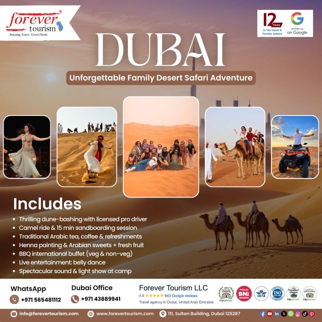 Dubai Desert Safari: 100,000+ Satisfied Thrill Seekers! › Forever Tourism LLC Tourists enjoying a Dubai Desert Safari with dune bashing and sunset views during an evening desert safari tour in Dubai.