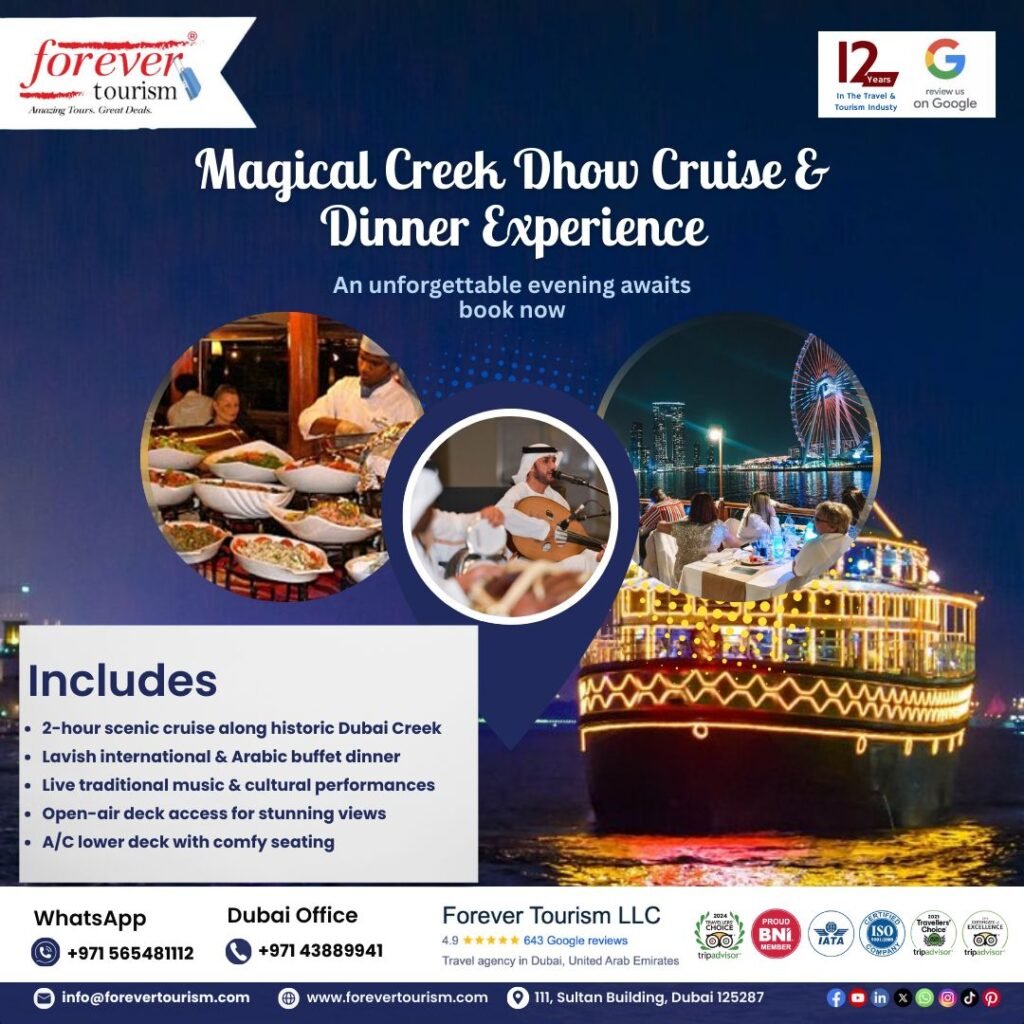Dhow Cruise In Dubai: 500+ Reviews Say Must-Do! › Forever Tourism LLC Scenic view of a traditional dhow boat offering a Dhow Cruise in Dubai with dinner and illuminated city skyline in the background.