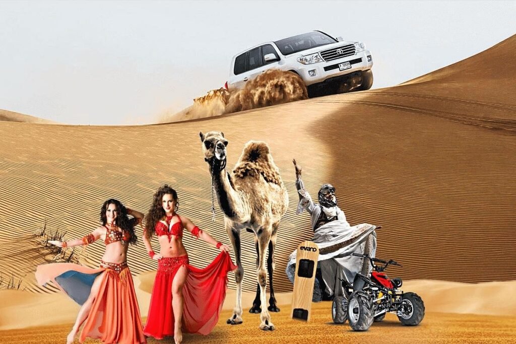 Desert Safari Dubai Deals You Can't Miss › Forever Tourism LLC Tourists enjoying a thrilling Desert Safari Dubai ride with scenic desert Dubai dunes in the background – best deals from Dubai.