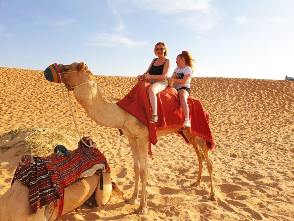 Dubai Desert Safari: 100,000+ Satisfied Thrill Seekers! › Forever Tourism LLC Tourists enjoying a Dubai Desert Safari with dune bashing and sunset views during an evening desert safari tour in Dubai.