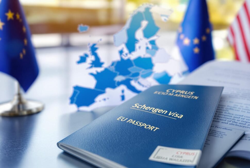 UAE resident submitting documents for Cyprus Schengen visa from Dubai at a visa application center, highlighting travel access to Cyprus and Schengen region.