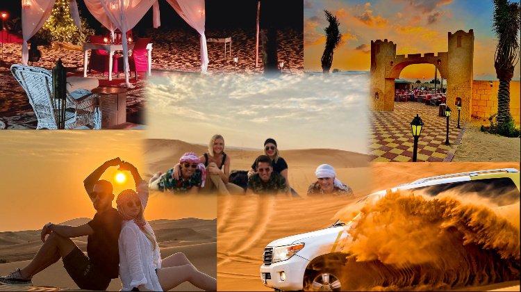 Evening Desert Safari: Top 5 Thrills Await! #AdventureTime › Forever Tourism LLC Tourists enjoying an evening desert safari Dubai with dune bashing, camel rides, and sunset over the golden sands of the Dubai desert safari.