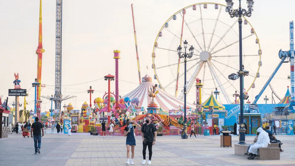 Visitors enjoying the vibrant pavilions and live entertainment at Global Village Dubai on the last day of Global Village 2025 with Global Village tickets from Forever Tourism.